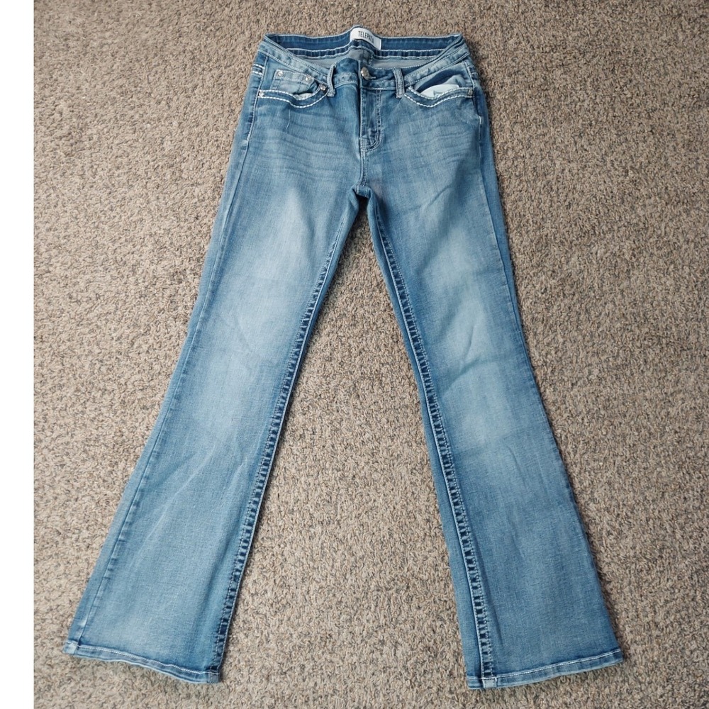 Telepatia Bootcut Jeans 7/28 Blue Womens Western Rhinestone Embellished Pocket